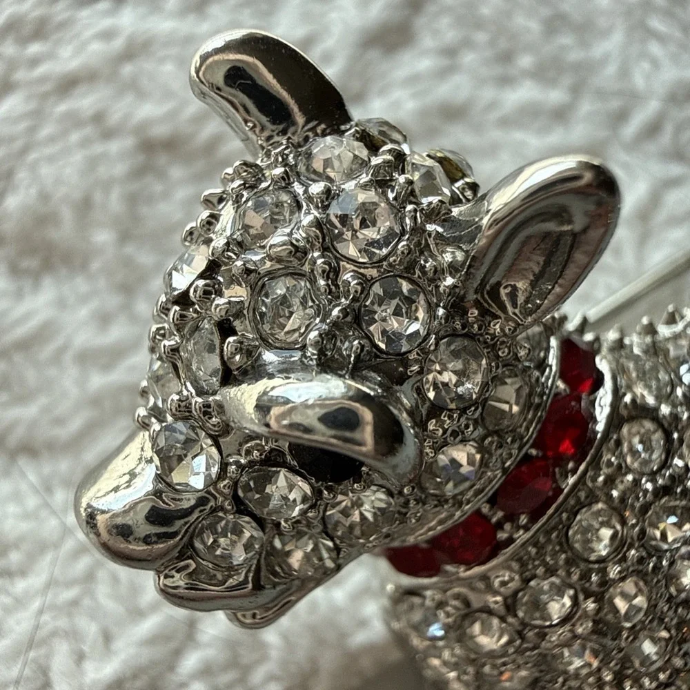 Vintage Scottish Terrier Silver Tone Brooch  Red Collar Rhinestone Pin‎